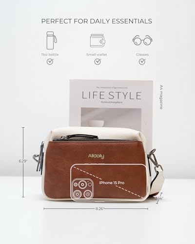 Alldaily Small Triple Zip Crossbody Purse for Women, Vegan Leather Phone Bag with Wide Shoulder Strap - color: Brown & White & White