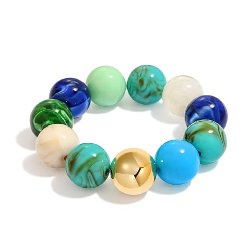 Multicolor Chunky Beaded Bracelet for Women Bold Acrylic Resin Stretch Bracelet Summer Beach Statement Bracelets Trendy Elastic Bangle Jewelry - color: Large bead bracelet-multi blue