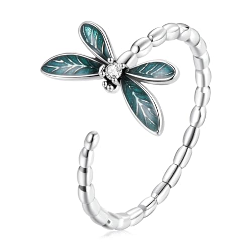 BISAER 925 Sterling Silver Ring Adjustable Cute Unique Cat Snake Butterfly Dragonfly Fashionable Ring For Women Jewelry - color: Green Dragonfly