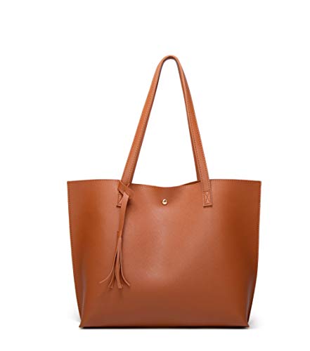 Dreubea Women's Soft Faux Leather Tote Shoulder Bag from, Big Capacity Tassel Handbag - color: Brown New