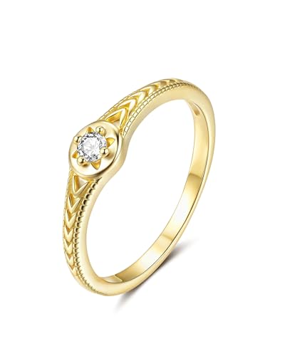 YeGieonr 14K Gold Plated Signet Rings for Women Non Tarnish 925 Sterling Silver Dainty Stackable Gold Ring, Waterproof Engraved Flower Thin Band Unique Everyday Jewelry Gift - color: Gold-Star