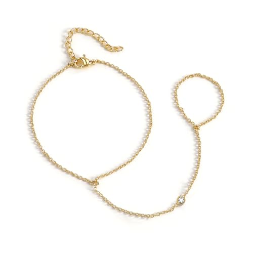 BAYLAY Hand Chain Bracelet, 14K Gold Plated Ring Bracelet Hand Chain Dainty Gold Bracelet for Women Trendy Finger Ring Slave Bracelets Hand Jewelry for Women Summer Beach Boho Gifts Trendy Stuff - color: 1CZ