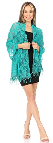 Sakkas Mari Women's Large Lightweight Soft Lace Scarf Wrap Shawl Floral and Fringe - color: Roseturquoise