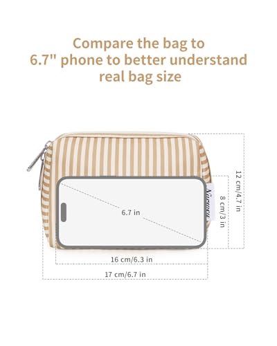 Narwey Small Striped Makeup Bag for Purse Mini Cosmetic Bag Travel Makeup Pouch Zipper Pouch Cute Make up Bags with Compartments for Women Girls (Brown Stripe, Small) - color: A-Brown Stripe, style: Small