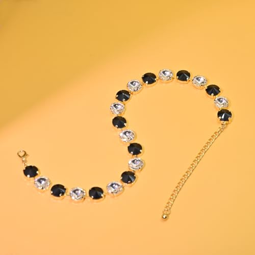Fashionable Chunky Plated Tennis Rhinestone Statement Necklace Jewelry Set for Women Multicolor gem necklace with Great Sparkle and Shine Design for Women to Easy Match - color: black/white round rhinestone