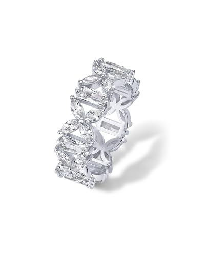 PAVOI 14K Gold Plated Marquise Eternity Rings for Women - Cubic Zirconia Chunky Stackable Wedding Ring - Statement Baguette CZ Gold Wedding Bands for Women - Promise Band Bridal Jewelry - color: White Gold