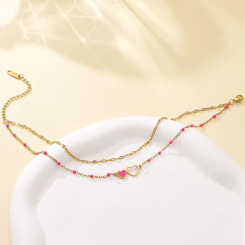 Summer Beach Jewelry Gift-Layered Gold Ankle Bracelets for Women - Waterproof 18k Gold Plated Hot Pink Heart Anklets Non Tarnish Come with Box - color: Double Heart