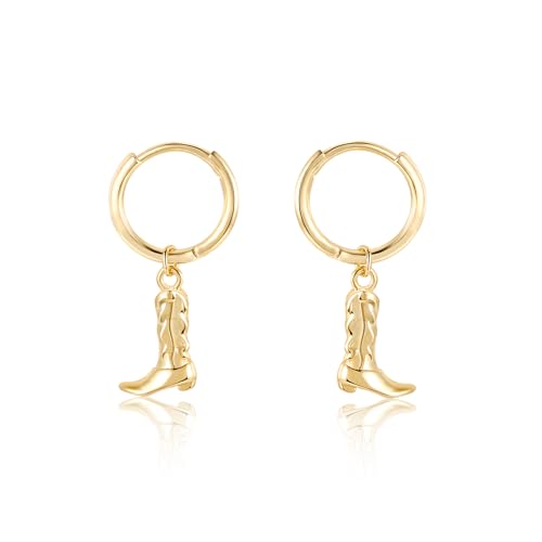 Mameloly Cowgirl Earrings for Women CZ 14K Gold Plated Western Cowboy Hat Dangle Hoop Earrings Cute Jewelry Hypoallergenic - color: Boot