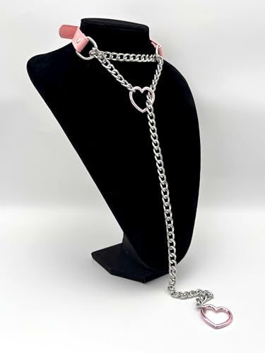 Black Leather Choker Collar For Women, Handmade Heart Slip Chain Choker Long Necklace with Adjustable Buckle - color: B-Pink-Silver-Pink, size: 24''chain