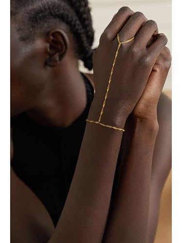 CHESKY 14k Gold Plated Hand Chain Bracelet for Women Trendy, Dainty Ring Bracelets Hand Chain Finger Nail Bracelet Simple Gold Hand Jewelry for Women Gifts - style: Wave