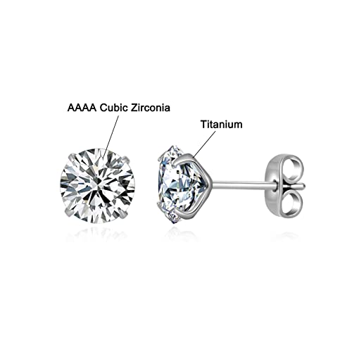 G23 Titanium CZ Stud Earrings for Sensitive Ears, Titanium Cubic Zirconia Stud Earrings for Women 3mm 4mm 5mm 6mm 7mm 8mm - size: 8mm