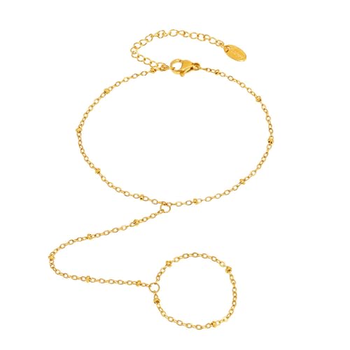 Hand Chain Bracelet Stainless Steel Finger Ring Bracelet Adjustable Gold Plated Hand Chain CZ Stackable Boho Minimalist Jewelry for Women - color: Gold Hand Chain Bracelet AN123G