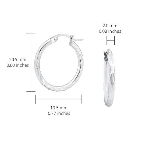 Hoops & Loops 925 Sterling Silver Diamond-Cut Hoop Earrings for Women, 2mm Textured Lightweight Click Top Hoops, 15mm 20mm 25mm 30mm, Silver 14k Yellow Gold & Rose Gold Flash Plated - color: Silver - 20mm (0.78'')