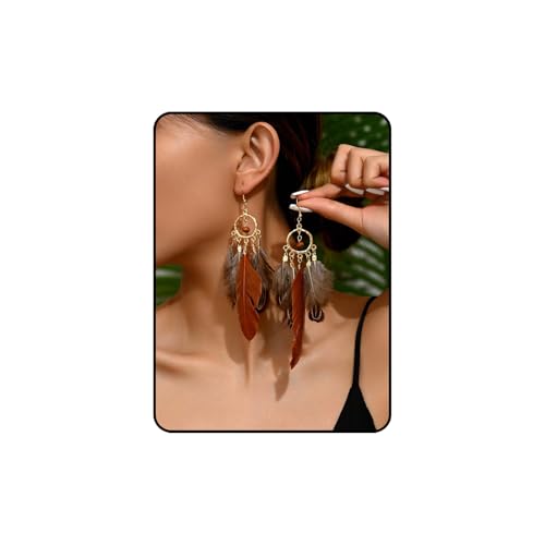Feather Earrings for Women, Boho Long Brown Gold Dangle Drop Earrings, Handmade Statement Vintage Western Style Lightweight Trendy 2026 Fancy Unique Jewelry Gift - color: Brown