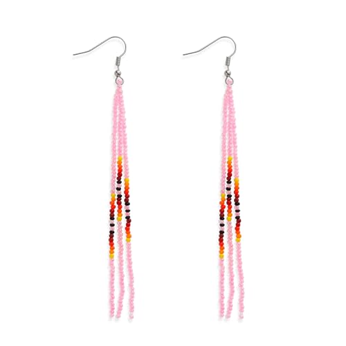 Native Long Beaded Tassel Earrings for Women, Boho Handmade Colorful Beads Statement Dangle Earing Prom Jewelry Gift. - color: Pale Pink