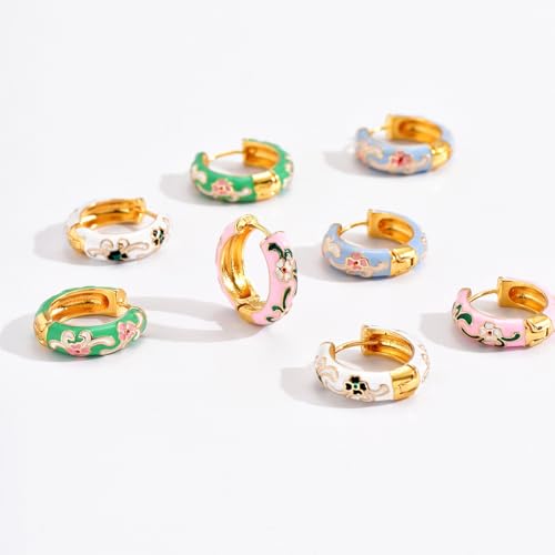 Vintage Enamel Flower Small Hoop Earrings Retro Elegant Flowers Earrings Colorful Flower Hoop Earring - color: Pink