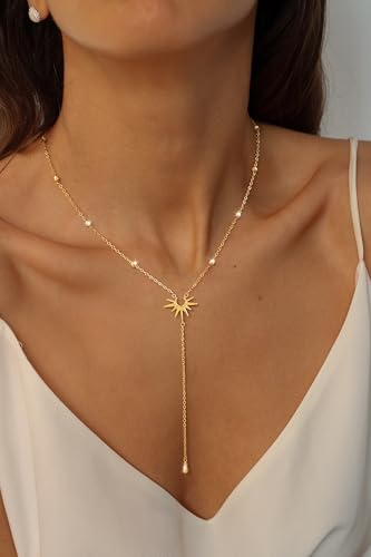 Freekiss Gold Pendant Necklace for Women, Dainty Diamond Necklaces for Women Simple 14K Gold Plated Paperclip Choker Necklaces Cute Minimalist Open Oval Necklaces Gold Jewelry for Women Gifts - color: Gold, style: Sunburst-GOLD