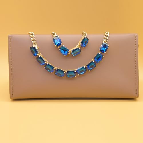 Fashionable Chunky Plated Tennis Rhinestone Statement Necklace Jewelry Set for Women Multicolor gem necklace with Great Sparkle and Shine Design for Women to Easy Match - color: BLUE rhinestone necklace