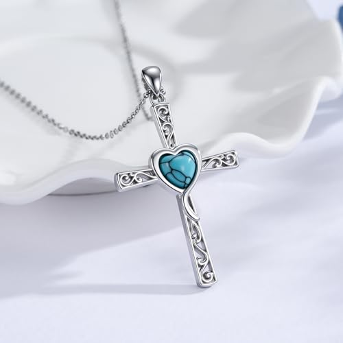 Cross Necklace 925 Sterling Silver Turquoise Christian Pendant Religious Cross Jewelry Christmas Gifts for Women Men - style: Heart