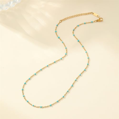 NONAMOIS Gold Chain Necklace for Women Dainty 18K Gold Plated Thin Satellite Beaded Turquoise Necklace Simple Layered Boho Jewelry Christmas Gifts - color: Green Beads-Gold