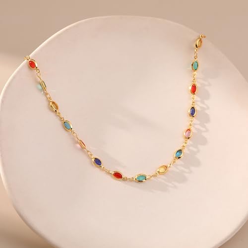 Beaded Choker Necklaces for Women 18k Gold Plated Dainty Gold Choker Necklaces for Women - style: Colorful Oval 27