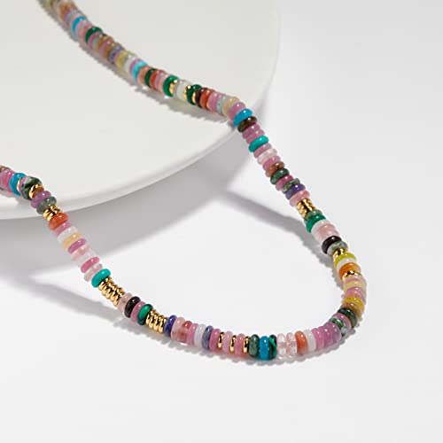 KissYan Boho Beaded Choker Necklace for Women, Gemstone Choker Natural Stone Freshwater Pearl Surfer Necklaces 14K Gold Plated Summer Beach Handmade Jewelry - color: A-Rainbow