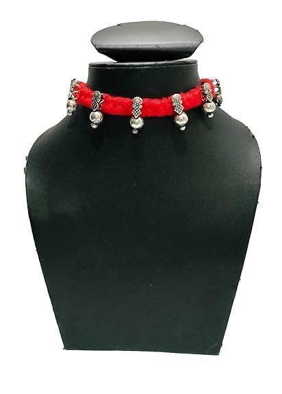 athizay Boho Charm Thread Choker Necklace – Braided Bohemian Choker with Oxidized Silver Dangle Charms | Handmade Boho Jewelry for Women - color: Red, Silver