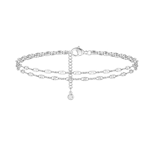 Tewiky Sterling Silver Plated Ankle Bracelets for Women,Dainty Layered Waterproof Anklet for Women Adjustable Sparkly Herringbone Beaded Rope Chain Set Stackable Cute Summer Beach Jewelry Gift - color: silver3