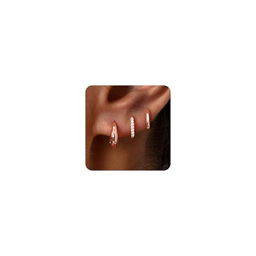 Poxtex Small Sterling Silver Huggie Hoop Earrings Set for Women, Hypoallergenic 14K Gold Plated Hoops Stacks for Multiple Piercings, Dainty Cute Mini Lightweight Cartilage Studs Trendy Jewelry Gift - color: Rose Gold-moon hoop