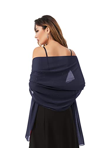 Shawls and Wraps for Evening Dresses Sheer Chiffon Women Elegant Soft Silky Sparkly Wedding Bridal Scarf - color: Navy B