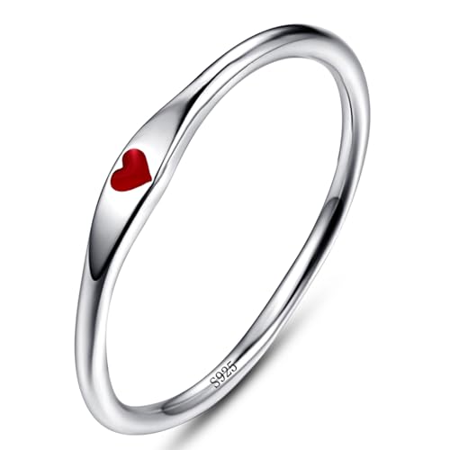 925 Sterling Silver Heart Ring for Women, 1mm Ultra Thin 14K Plated Gold Hypoallergenic Wedding Band with Black/Yellow/Red/Blue/Pink Love, Promise Stack Travel Jewelry Gifts Size 5-10 - color: D-Silver-Red
