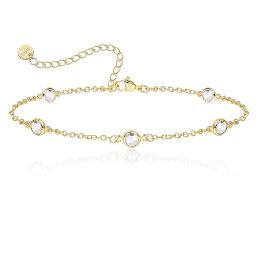 Birthstone Bracelet for Women 14K Gold Plated Dainty Link Bracelet Trendy Non Tarnish Trendy Chain Bracelets Birthday Valentines Gifts Jewelry for Women Mom Daughter Wife Sister Friend - color: 04.April