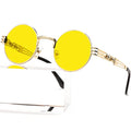 AIEYEZO Round Steampunk Sunglasses for Men Women Retro Circle Hippie Glasses Metal Frame 100% UV Blocking Lens - color: Gold/Ocean Yellow