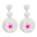 Boho Raffia Ball Earrings for Women, Handmade Statement Drop Earrings Straw Dangle Earrings Beach Vacation Jewelry - color: White flowers