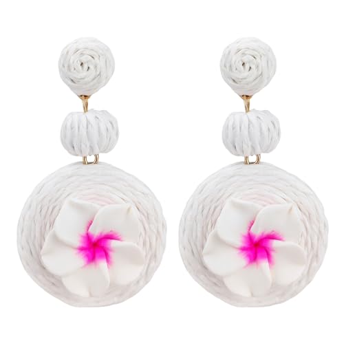 Boho Raffia Ball Earrings for Women, Handmade Statement Drop Earrings Straw Dangle Earrings Beach Vacation Jewelry - color: White flowers