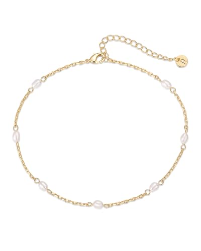 PAVOI 14K Gold Plated Anklet for Women - Trendy Link Chain Ankle Bracelet Summer Jewelry - Boho Dainty Anklets with Cubic Zirconia, Beaded, Evil Eye, Star, Station, Pearls Adjustable Gold Jewelry - style: Pearl Station