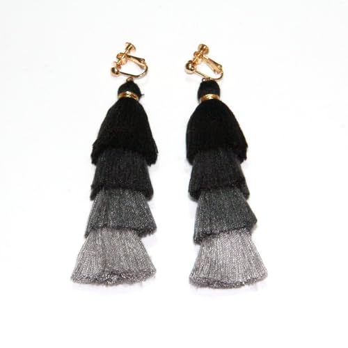 Clip on Earrings, Lightweight Colorful Layered Tassel Bohemian Statement Tiered Big Dangle Drop Earrings for Women, Non Pierced, Boho Jewelry - color: Black