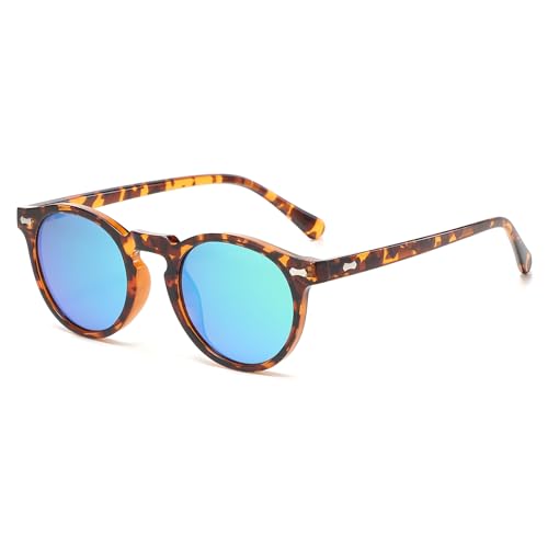 LJCZKA Round Polarized Sunglasses for Men Women Retro Small Face Sunglasses Polarized Vintage Sun Glasses UV400 Protection - color: Leopard Green(mirrored)