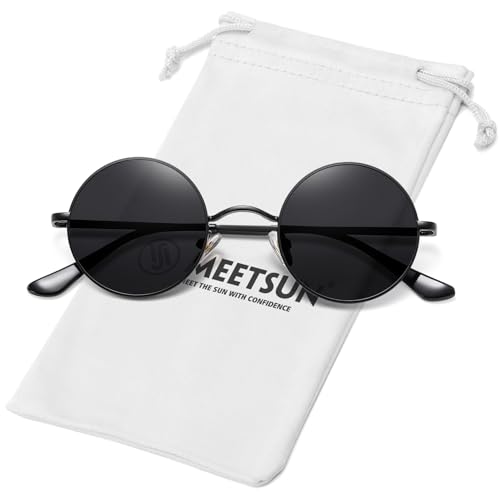 MEETSUN Small Round Polarized Sunglasses for Men Women Metal Retro Hippie Circle Sun Glasses Driving Festival Cosplay UV400 - color: Black / Grey