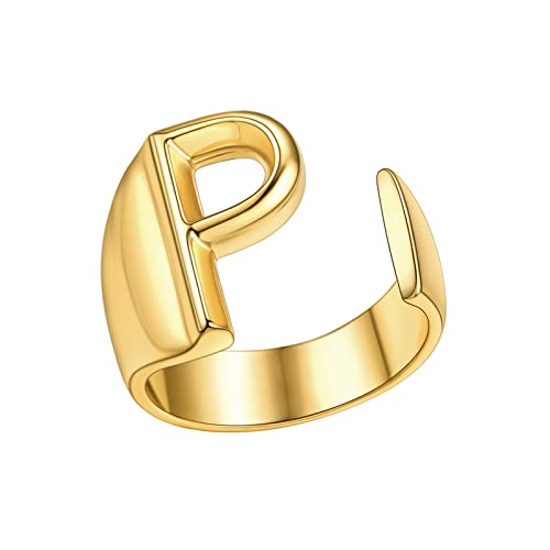 FindChic Customizable Initial Ring Statement 18K Gold Plated Fashion Cuff Rings for Women Alphabet Letter A to Z Resizable Knuckle Ring (with Gift Box) - color: P