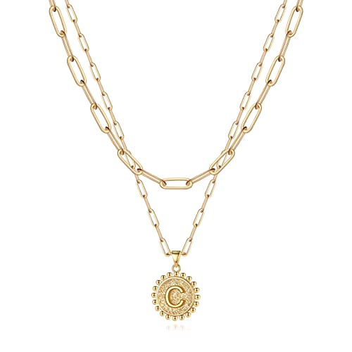 Yoosteel Layered Initial Necklaces for Women Trendy - 14K Gold-Plated Dainty Layering Paperclip Chain Coin Initial Necklace Jewelry Gifts for Women Mom Wife Teen Girls - color: Gold, style: C