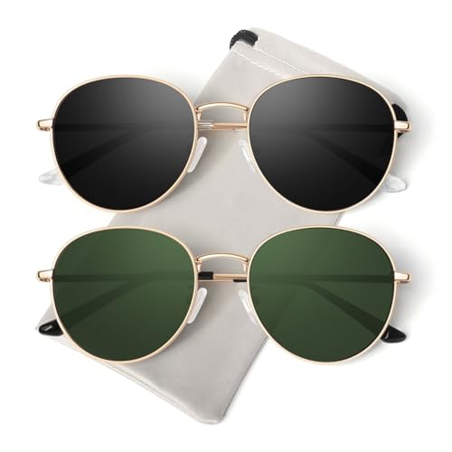 GQUEEN Retro Round Polarized Sunglasses Womens Men Spring Hinge Metal Frame Trendy Hippie Oval Sun Glasses Shades UV400 - color: 2 Gold Black & Gold Green
