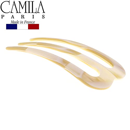 Camila Paris CP2973 French Twist Stick Clip Pins, White, Wavy Hair Pin 3-Prong Hair Fork for Girls Spiral Updo Chignon Bun Holder, Flexible and Styling Hair Accessories for Women, Handmade in France - color: 3-Prong White