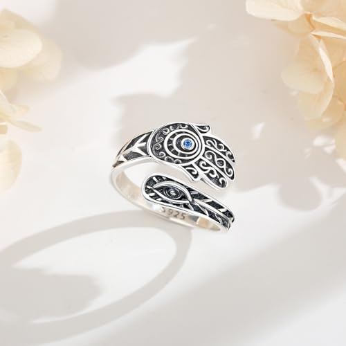 Vito 925 Sterling Silver Adjustable Open Spoon Ring for Women Men, Lotus Sunflower Snake Spoon Band Rings Feather Hug Witches Knot Inspirational Jewelry Gift for Wife - style: Evil Eye