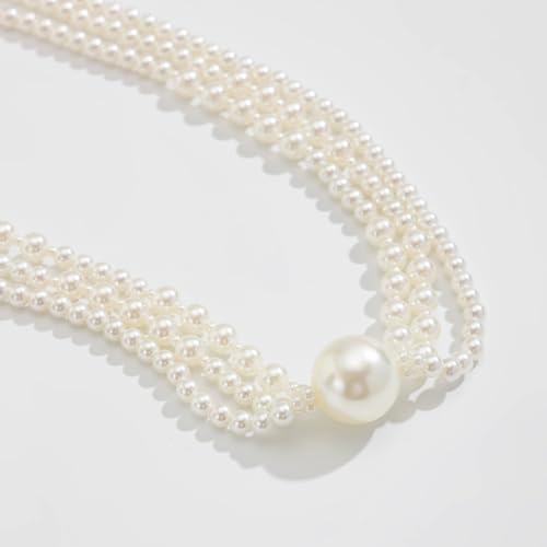 Bethynas Boho Layered Pearl Rhinestones Choker Necklace Vintage Chunky Pearl Crystal Pendant Short Necklace Chain Bridal Prom 1920s Costume Party Jewelry for Women - color: Pearl 1