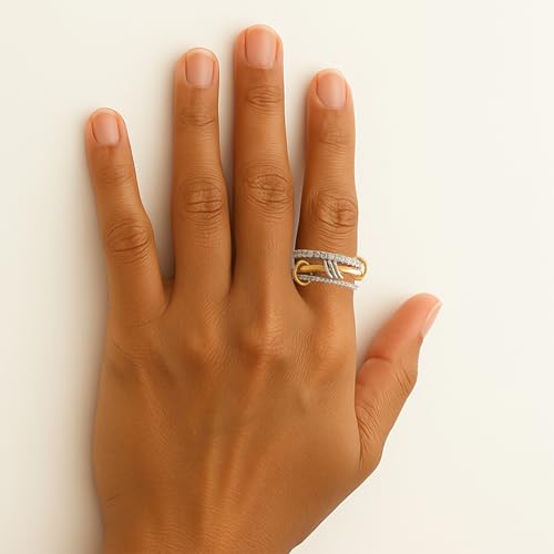 Gold Stackable Rings for Women Non Tarnish, 18k Gold Plated Cubic Zirconia Rings, Silver Gold Multi Ring Mixed Metals Stack Rings Set - color: 2 stones rings, size: 9
