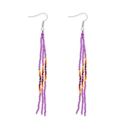Native Long Beaded Tassel Earrings for Women, Boho Handmade Colorful Beads Statement Dangle Earing Prom Jewelry Gift. - color: Purple Violet