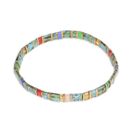 Sonateomber Tila Flat Beaded Stretch Bracelets for Women, Trendy Unique Colorful Square Beads Handmade Stack Bracelet Friendship Accessories Fashion Jewelry Gift - color: Green Gold