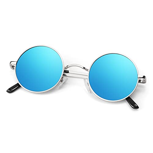Round Polarized Sunglasses Men Women,Retro Metal Hippie Shades with 100% UV Protection - color: A09- Silvery Frame Blue Lens