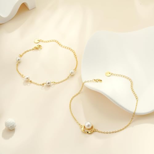 Pearl Bracelets for Women, Dainty 18K Gold Plated Pearl Beaded Bracelet Stack Trendy Thin Link Chain Charm Bracelets Set, Wedding Bridesmaid Mother Gifts Jewelry for Women